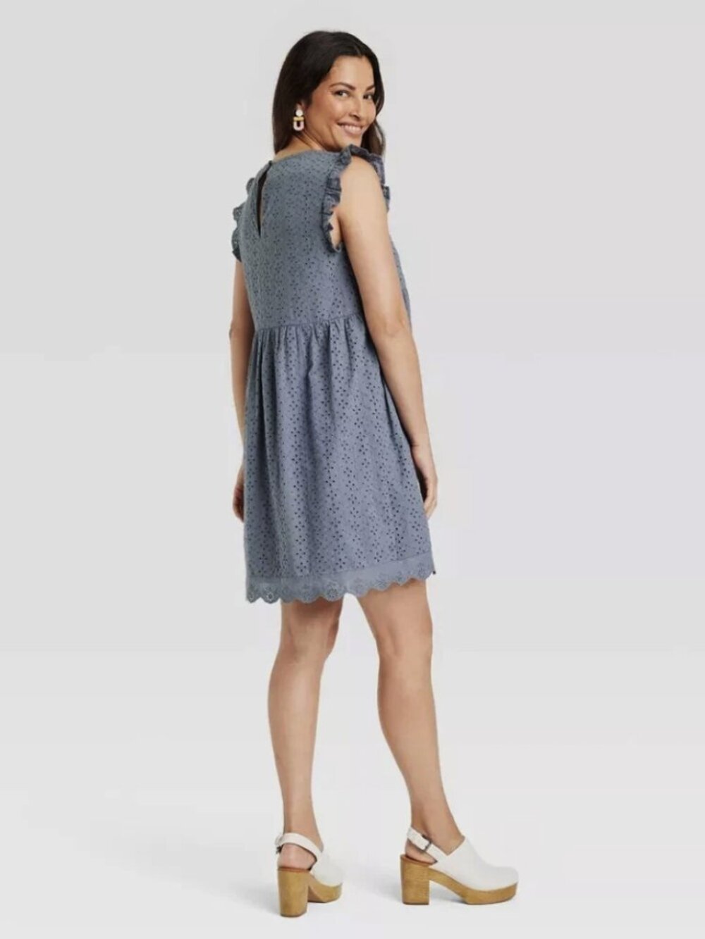 Knox Rose - XL Ruffle Short Sleeve Eyelet Lined A-Line Dress - Blue - Picture 2 of 8